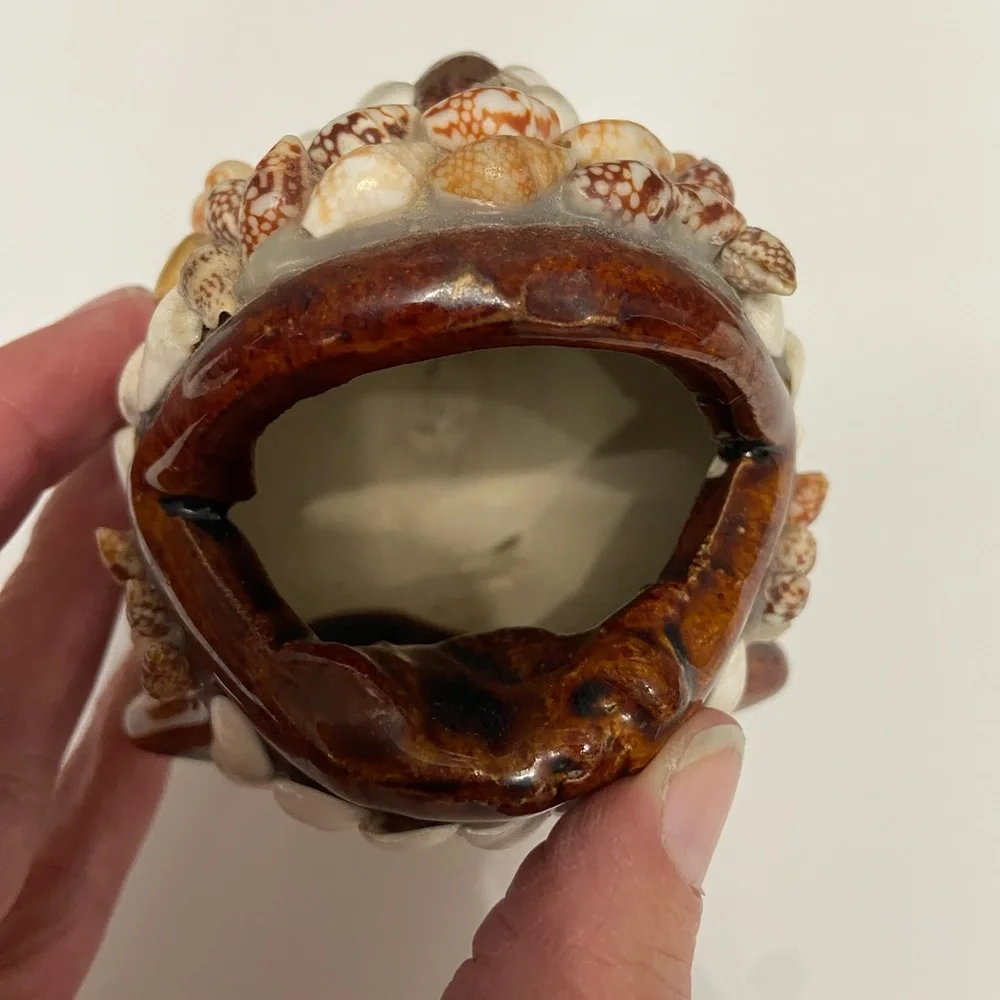 FOLK ART Wide Mouthed Shell Covered Whale Fish Ceramic Ashtray Boho Hippie Artsy